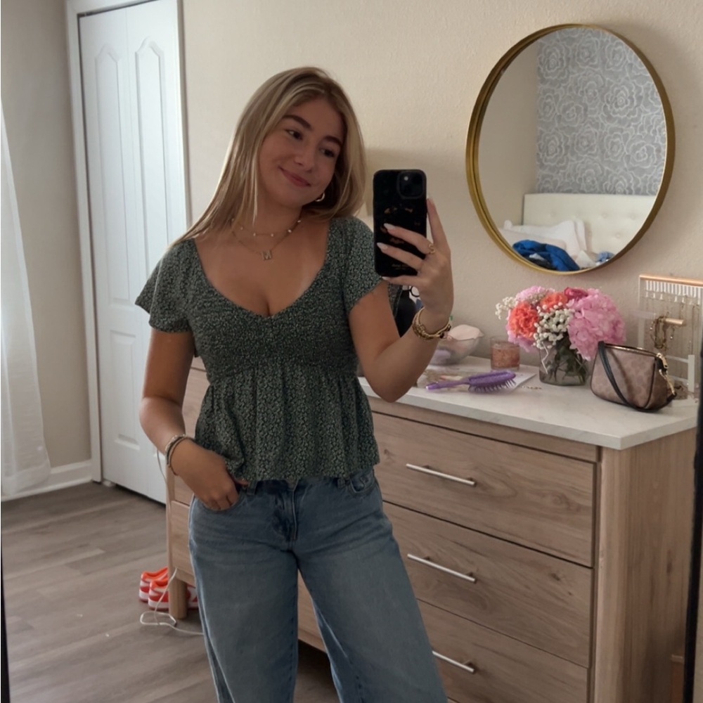 Hollister Green Floral Babydoll Top